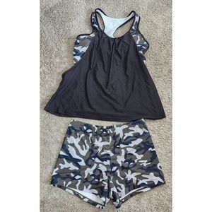 Plus Tankini Size XL Green BlackPrint RacerBack Bikini Swimsuit Dress Camouflage